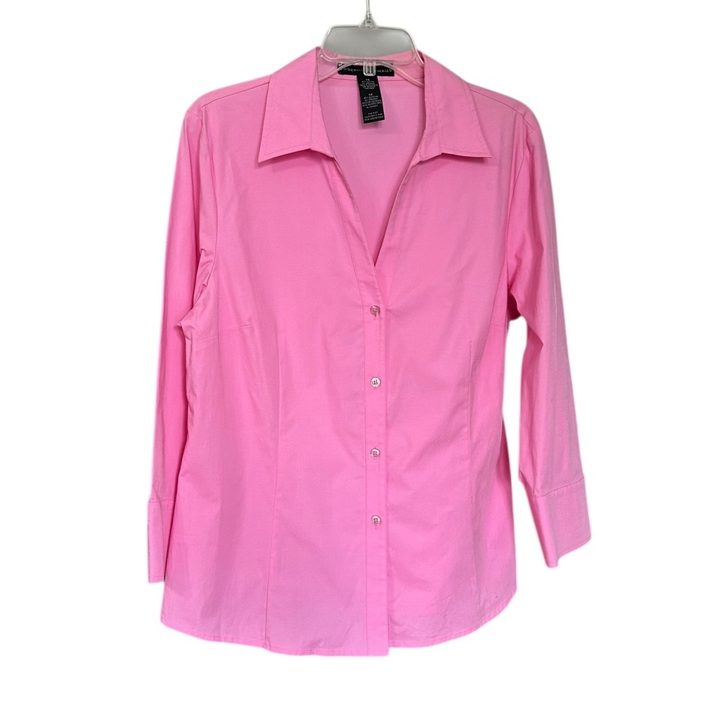 Josephine Chaus Sz 14 Pink Stretch‎ Cotton Button Down Shirt Long Sleeve Office